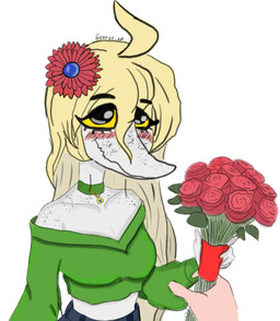 accessory ambiguous_gender anthro biped black_eyes blonde_hair blush bouquet breasts choker clothed clothed_anthro clothed_female clothing crop_top duo eyebrow_through_hair eyebrows female female/ambiguous fingers first_person_view flower flower_in_hair freckled_face freckles green_clothing green_shirt green_topwear hair hair_accessory happy holding_flower holding_object human_on_anthro human_pov humanoid_hands interspecies jewelry long_hair looking_at_viewer medium_breasts midriff mostly_offscreen_character mostly_offscreen_human necklace non-mammal_breasts plant rose_(flower) scales shirt shoulderless_shirt smile text topwear translucent translucent_hair white_body white_scales yellow_sclera george_kp cavemanon_studios puppet_pals snoot_game fan_character judee dinosaur human mammal prehistoric_species reptile scalie theropod troodon troodontid artist_name hi_res