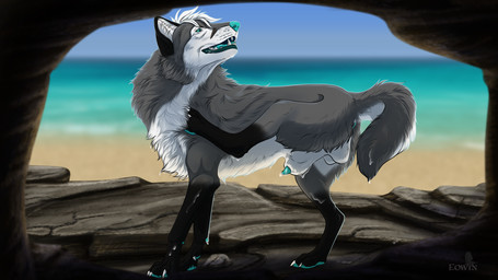 animal_genitalia animal_penis anus balls beach blue_anus blue_eyes blue_nose blue_pawpads blue_penis canine_genitalia canine_penis ejaculation erection feral genitals lipsticking male pawpads penis sheath solo standing teeth tongue eowin clover_(cloverfusky) canid canine canis domestic_dog fox husky hybrid mammal nordic_sled_dog spitz
