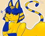 ankh anthro blue_eyes blue_hair bob_cut female fur hair lying markings multicolored_hair on_front serious_face solo striped_markings striped_tail stripes tail tail_markings two_tone_hair uraeus wristband yellow_body yellow_fur tv_thari animal_crossing nintendo ankha_(animal_crossing) domestic_cat felid feline felis mammal