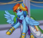 blue_body blue_feathers detailed_background feathers female feral hair looking_at_viewer multicolored_hair purple_eyes rainbow_hair smile solo wings margony friendship_is_magic hasbro my_little_pony mythology rainbow_dash_(mlp) equid equine mammal mythological_creature mythological_equine pegasus 2019 digital_media_(artwork)