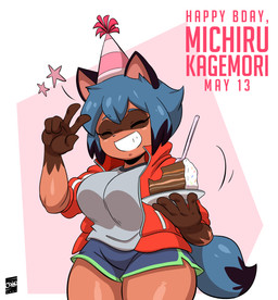5_fingers anthro bottomwear cake clothed clothing dessert dipstick_tail dolphin_shorts eyes_closed female fingers food gesture hair hand_gesture hat headgear headwear holding_food holding_object jacket markings multicolored_hair multicolored_tail party_hat shirt short_hair shorts smile solo tail tail_markings text thick_thighs topwear track_jacket two_tone_hair v_sign joaoppereiraus brand_new_animal studio_trigger michiru_kagemori canid canine mammal raccoon_dog tanuki 2021 absurd_res digital_media_(artwork) english_text hi_res signature