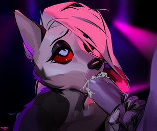 4_fingers anthro anthro_penetrated black_body black_claws black_ears black_eyeshadow black_fur black_nose blue_eyes bodily_fluids cheek_tuft claws cum cum_drip cum_from_mouth cum_in_mouth cum_inside cum_on_own_penis cum_on_penis cum_on_self cum_string dripping duo erection eyelashes eyeshadow faceless_character faceless_male facial_tuft fellatio female female_focus female_penetrated fingers fur genital_fluids genitals grey_body grey_fur grey_hair hair hair_over_eye half-closed_eyes hand_on_penis leaking_cum long_hair looking_up makeup male male/female male_penetrating male_penetrating_female multicolored_body multicolored_fur narrowed_eyes nude one_eye_obstructed oral oral_penetration orgasm penetration penile penis pupils red_sclera sex solo_focus text tuft white_body white_fur white_inner_ear yourmay hellaverse helluva_boss mythology loona_(helluva_boss) canid canid_demon canine demon hellhound mammal mythological_canine mythological_creature 2023 6:5 artist_name digital_media_(artwork) hi_res