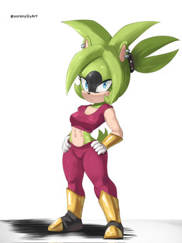 anthro blue_eyes boots bottomwear breasts clothing ear_piercing ear_ring eyelashes female footwear green_body green_hair hair hands_on_hips midriff navel pants piercing riding_crop ring_piercing shoes solo tan_body whip soranygyart dragon_ball dragon_ball_super idw_publishing sega sonic_the_hedgehog_(comics) sonic_the_hedgehog_(idw) sonic_the_hedgehog_(series) kefla surge_the_tenrec afrosoricid mammal tenrec 2026 3:4 hi_res