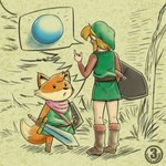 ambiguous_gender anthro barefoot boots clothing countershading dialogue dialogue_box duo featureless_feet feet footwear gem hat headgear headwear male melee_weapon pearl_(gem) scarf shield shoes sword weapon chooy64 a_link_to_the_past nintendo the_legend_of_zelda tunic_(video_game) link ruin_seeker canid canine fox humanoid hylian mammal 1:1 crossover hi_res pictographics