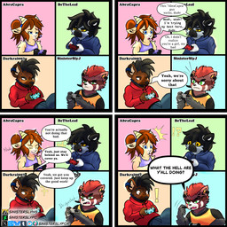 black_hair black_nose blue_clothing blue_eyes blue_hoodie blue_topwear bluetooth_headset brown_body brown_fur brown_hair clothing controller dialogue dialogue_box female fur furgonomic_headwear furgonomics game_controller gamer_girl gaming gaming_headset green_eyes hair hoodie male multicolored_body multicolored_fur orange_body orange_clothing orange_eyes orange_fur orange_shirt orange_topwear playing_video_game playstation_controller ponytail purple_camisole red_body red_clothing red_eyes red_fur red_hair red_hoodie red_topwear shirt simple_background text topwear yellow_body yellow_fur yellow_sclera sinisterslyfox playstation sony_corporation sony_interactive_entertainment julius_hudson_(sinisterslyfox) ailurid bovid caprine goat hyena lemur mammal primate red_panda strepsirrhine 1:1 comic english_description english_text hi_res shaded soft_shading