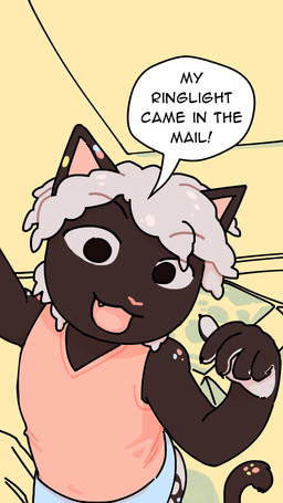 anthro bedroom brown_body brown_eyes cel-shaded clothing curly_hair dialogue hair inside male markings multicolored_spots package shirt shota speech_bubble spots tank_top text topwear white_hair white_markings young conditional_dnp furward_thinker ezra_(furward_thinker) domestic_cat felid feline felis mammal 2025 4k 9:16 absurd_res colored digital_media_(artwork) english_text hi_res shaded