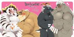 anthro belly blush brown_body brown_fur censor_bar erection eyes_closed eyewear fur genitals glasses group ineffective_censorship kemono male male/male moobs overweight overweight_male penis white_body white_fur hyaku_(artist) lifewonders tokyo_afterschool_summoners asterius_(tas) licho_(tas) tanngrisnir_(tas) volos_(tas) bear felid mammal pantherine tiger 2021 censored hi_res