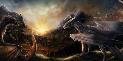 claws detailed_background duo feral membrane_(anatomy) membranous_wings nude outside sky spines standing sun tail wings isvoc mythology dragon mythological_creature mythological_scalie scalie hi_res