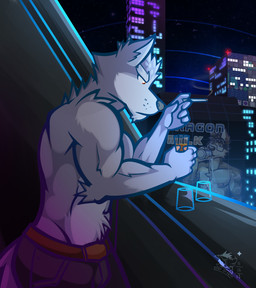 alcohol beverage biceps cigarette city clothed clothing male muscular muscular_male night smoking solo space star topless ventkazemaru nintendo star_fox wolf_o'donnell canid canine canis mammal wolf hi_res