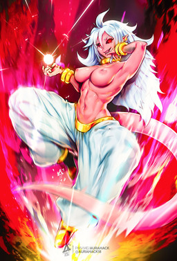 areola boots breasts clothed clothing female footwear hair high_heeled_boots high_heels humanoid_pointy_ears long_hair navel nipples not_furry pink_body pink_skin pointy_ears red_eyes shoes solo tail text topless white_hair aurahack dragon_ball dragon_ball_fighterz android_21 majin_android_21 alien alien_humanoid humanoid majin hi_res url