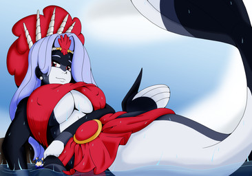 big_breasts breasts clothed clothing female hair looking_at_viewer simple_background smile solo split_form tail water zeroviks aquatic humanoid mammal merfolk absurd_res digital_media_(artwork) hi_res