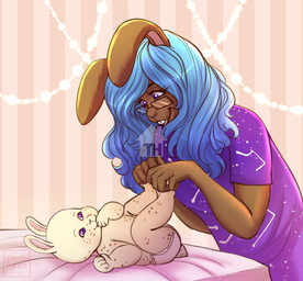 ambiguous_gender anthro blue_hair brown_body clean_diaper clothed clothing diaper diaper_change duo eyelashes eyewear female floppy_ears glasses glistening glistening_eyes hair long_hair lying markings neonate on_back open_mouth open_smile purple_clothing purple_eyes purple_topwear smile spots spotted_body standing tan_body topwear wearing_diaper young young_ambiguous young_anthro tiggybloom ilena_(zelli-hunnybun) lagomorph leporid mammal rabbit 2019 dated hi_res