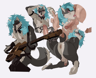 alternative_fashion anthro bass_guitar blue_hair clothing duo fur genitals grey_body grey_fur guitar hair j-fashion makeup male male/male muscular muscular_male musical_instrument penis plucked_string_instrument pole shirt simple_background solo_focus string_instrument stripper stripper_pole tail topwear visual_kei hyeon47 charless_(blossomingruin) canid canine canis mammal wolf absurd_res hi_res