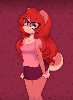 anthro blue_eyes bottomwear breasts butt clothed clothing envelope eyewear female fully_clothed fur glasses hair heart_symbol panties pattern_background pink_body pink_fur red_body red_fur red_hair shirt simple_background skirt small_breasts smile solo t-shirt topwear underwear white_clothing white_panties white_underwear miu jam_(miu) chipmunk ground_squirrel mammal rodent sciurid digital_media_(artwork) hi_res portrait shaded three-quarter_portrait
