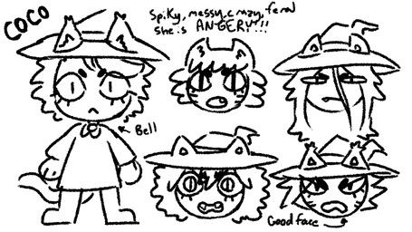 anthro clothing collared_dress female hat headgear headwear solo tail text witch_hat 90percentdenny 90_percent_studios purrfect_apawcalypse coco_grimalkin felid mammal 16:9 concept_art english_text hi_res monochrome widescreen