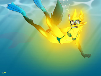 4_ears ambiguous_gender anthro bikini black_nose breasts clothed clothed_female clothing dipstick_tail duo female feral fur gloves_(marking) glowing glowing_body glowing_fur leg_markings markings midriff multi_ear navel snorkel snorkeling socks_(marking) solo_focus swimwear tail tail_markings two-piece_swimsuit underwater water yellow_body yellow_fur discreet_user mylar_(discreet_user) aquatic canid canine cetacean fox fyre_fox mammal whale 2022 4:3