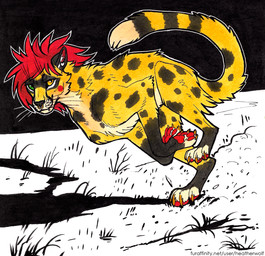 ambiguous_feral ambiguous_gender black_nose black_spots cheek_tuft claws facial_piercing facial_tuft fangs feral fur glistening glistening_eyes green_eyes hair heterochromia leg_markings leg_tuft lip_piercing looking_at_viewer markings mouth_closed neck_tuft nose_piercing nose_ring orange_claws pawpads piercing red_hair red_pawpads ring_piercing running septum_piercing septum_ring snakebite_piercing socks_(marking) solo spots striped_markings striped_tail stripes tail tail_markings teeth tuft whiskers yellow_body yellow_eyes yellow_fur heatherwolf cheetah felid feline mammal hi_res