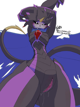3_fingers anthro black_body black_eyes black_sclera blush bodily_fluids cape chest_gem claws cloak cloak_only clothing featureless_chest female fingers flat_chested gem genital_fluids genitals hands_behind_head hips_forward horn long_tail looking_at_viewer looking_down looking_down_at_viewer low-angle_view markings mostly_nude presenting presenting_vulva purple_body purple_markings raised_arms red_claws red_gem simple_background smug smug_face solo standing tail vaginal_fluids vulva white_background lewdaesthetics bandai_namco digimon digimon_(species) dinosaur gulusgammamon humanoid prehistoric_species reptile scalie absurd_res hi_res