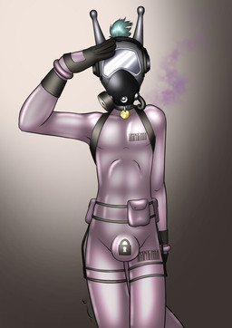 2_horns anthro barcode biped black_clothing black_gloves black_handwear bulge clothed clothing collar_tag drone front_view gas_mask gesture gloves grey_clothing grey_hair grey_skinsuit hair handwear horn lock_symbol male mask pouch_(clothing) salute short_hair simple_background skinsuit solo standing tail tight_clothing danaume unknown_species 2025 hi_res