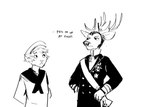 2024 anthro antlers black_and_white clothing comic deer deer_admiral_(hladilnik) dialogue domestic_cat duo english_text felid feline felis hi_res hladilnik horn male mammal military_uniform monochrome sailor_uniform ship's_catboy_(hladilnik) text uniform