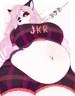 anthro belly black_eyeshadow black_nose bottomwear breasts candy chocolate clothing crop_top dessert eating eyeshadow female food fur grey_hair hair long_hair love_handles makeup navel overweight overweight_anthro overweight_female red_sclera shirt shorts sitting solo thick_thighs topwear white_body white_eyes white_fur demongirl_demoness hellaverse helluva_boss loona_(helluva_boss) canid canine canis mammal wolf 2025 absurd_res digital_drawing_(artwork) digital_media_(artwork) hi_res