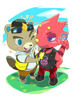 alternative_fashion anthro blush buckteeth cellphone chibi choker clothing duo electronics eyewear freckles hat headgear headwear jewelry male necklace one_eye_closed phone punk red_body red_scales scales smartphone sunglasses teeth wink konbu animal_crossing nintendo c.j._(animal_crossing) flick_(animal_crossing) beaver chameleon lizard mammal reptile rodent scalie