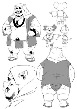 anthro asian_clothing belly biped butt clothed clothing east_asian_clothing footwear fundoshi japanese_clothing kemono male moobs navel nipples overweight overweight_male sandals shoes standing underwear tachiuo mammal mouse murid murine rodent suid suine sus_(pig) wild_boar 2026 absurd_res hi_res monochrome