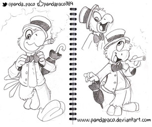 anthro bottomless bow_tie cigar cigar_in_mouth clothed clothing featureless_crotch glistening glistening_eyes holding_cigar holding_object looking_at_viewer male male_anthro object_in_mouth open_clothing open_topwear simple_background solo standing text topwear umbrella pandapaco avian monochrome sketch sketch_page url