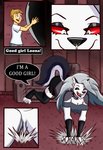 2020 absurd_res anthro canid canid_demon canine canis comic compliment demon domestic_dog duo female fur good_girl happy happy_dance hellhound helluva_boss hi_res loona_(helluva_boss) male male/female mammal micro mythological_canine mythological_creature mythology size_difference titantigress