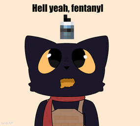 anthro black_body black_fur bodily_fluids bulletproof_vest drooling drugs fentanyl fur herm intersex red_scarf saliva scarf simple_background solo standing text yellow_mouth yellow_sclera wdaf casualties:_unknown expie_(gunsawian) gunsawian english_text meme