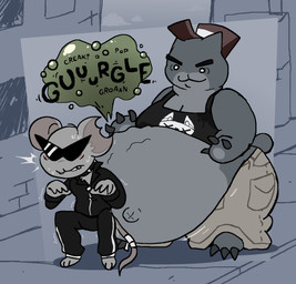 :3 anthro barefoot belly big_belly blush bodily_fluids bottomwear breasts chipped_tooth claws clothing collar double_chin duo empty_eyes eyebrows eyewear feet female fur grey_body grey_fur hat headgear headwear huge_belly hungry imminent_vore khakis male male/female markings notched_ear obese obese_female overweight overweight_female public round_tail rumbling_stomach shaking shirt shivering shorts size_difference speech_bubble spiked_collar spikes street sunglasses sweat tank_top teasing_with_belly text thick_thighs topwear tracksuit trucker_hat wide_hips pawplants mewgenics guillotina_(mewgenics) radical_rat_(mewgenics) domestic_cat felid feline felis mammal murid murine rat rodent digital_media_(artwork) english_text hi_res