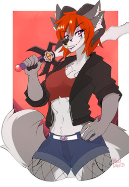 5_fingers anthro biped bottomwear breasts claws clenched_teeth clothed clothed_anthro clothed_female clothing countershade_fur countershade_torso countershading facial_piercing female finger_claws fingers front_view fully_clothed fully_clothed_anthro fully_clothed_female fur grey_body grey_fur grey_horn grey_tail hair hand_on_hip hand_on_own_hip handpaw holding_melee_weapon holding_object holding_sword holding_weapon horn jacket looking_at_viewer melee_weapon navel nose_piercing open_clothing open_jacket open_topwear pants paws piercing red_eyes red_hair simple_background smile solo standing sword tail teeth topwear weapon wolflady canid canine mammal 2025 digital_drawing_(artwork) digital_media_(artwork)