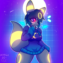 anthro anthrofied biped blue_clothing blush clothed clothing clothing_cord drawstring emanata female geometric_background grid_background hair hoodie pattern_background pokemorph red_eyes shooting_star simple_background solo star star_print topwear nagifur nintendo pokemon eeveelution generation_2_pokemon pokemon_(species) umbreon 1:1 2021 absurd_res hi_res