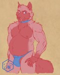 anthro belly biceps blue_clothing blue_collar blue_eyes blue_jockstrap blue_underwear bulge claws clothing collar fur hair jockstrap male mouth_closed musclegut muscular muscular_anthro muscular_male navel nipples pecs red_body simple_background slightly_chubby slightly_chubby_male smile smirk solo standing teeth underwear bumblewish_(artist) rygel_misra canid canine canis fox mammal red_fox silver_fox true_fox hi_res watermark