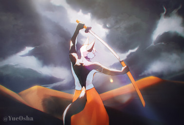 anthro clothed clothing cloud cloudy_sky desert katana landscape male melee_weapon sand sky solo sword topless weapon yue0sha absurd_res hi_res