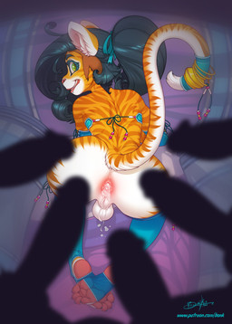 after_anal anthro anus armwear backsack balls black_hair bodily_fluids bra clothing cum cum_in_ass cum_inside elbow_gloves femboy fur genital_fluids genitals gloves green_eyes hair handwear heelless_stockings high-angle_view humanoid_genitalia humanoid_penis legwear looking_at_viewer looking_back looking_back_at_viewer male open_toe_stockings orange_body orange_fur penis penis_silhouette ponytail solo stockings striped_body striped_fur stripes text toeless_legwear toeless_stockings underwear white_body white_fur bonk zane_(zhali) zane_darkpaw felid mammal pantherine tiger absurd_res hi_res url