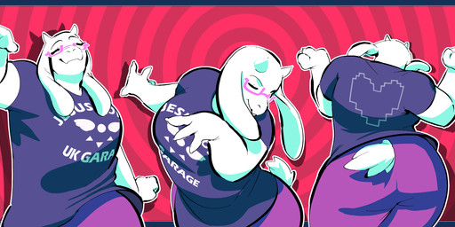 4_fingers anthro big_butt bottomwear breasts butt clothed clothing dancing eyes_closed eyewear female fingers floppy_ears fur glasses horn mature_anthro mature_female pants shirt solo t-shirt tail text text_on_clothing text_on_shirt text_on_topwear topwear white_body white_fur white_tail dicenslices undertale_(series) toriel boss_monster_(undertale) bovid caprine mammal hi_res signature