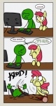 2016 ?_face angry anon apple_bloom_(mlp) baseball_bat bat_(object) big_eyes blood bodily_fluids border comic desk dialogue duo earth_pony electronics english_text equid equine female friendship_is_magic fur furniture hair hasbro horse improvised_weapon keyboard mammal monitor my_little_pony pencils_(artist) pony reaction_image red_hair simple_background smile table text toony violence white_background wounded yellow_body yellow_border yellow_fur