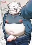 anthro balls belly big_belly black_body blush bottomwear clothing erection face_mask genitals hair kemono male moobs navel nipples overweight overweight_male pants penis solo text toilet white_body white_hair ssu_open vtuber sanhwa_(vtuber) bear giant_panda mammal 2024 absurd_res hi_res korean_text translated