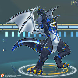 abstract_background animal_genitalia anthro arms_behind belly blue_eyes blue_hair genital_slit genitals glowing glowing_eyes hair looking_at_viewer male membrane_(anatomy) membranous_wings open_mouth solo tail teeth_showing thick_tail thick_thighs three-quarter_view wings errokioslem bandai_namco digimon beauwolfhusky fan_character digimon_(species) 1:1 full-length_portrait hi_res portrait