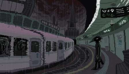 ambiguous_gender anthro bench black_body black_feathers building detailed_background feathers outside raining road solo train vehicle demensa avian bird corvid corvus_(genus) crow oscine passerine 2020 7:4 digital_media_(artwork) pixel_(artwork)