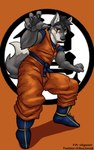 anthro black_hair claws clothing eye_scar facial_scar fur grey_body grey_fur hair male martial_arts martial_arts_uniform orange_clothing scar simple_background solo sportswear yellow_eyes rucho dragon_ball goku canid canine canis mammal wolf 5:8 hi_res