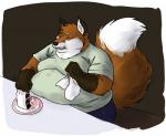 anthro belly big_belly biped brown_body brown_fur cake clothed clothing cutlery dessert dipstick_tail eating eyes_closed food fork fur holding_object inside kitchen_utensils male markings moobs multicolored_tail napkin obese obese_anthro obese_male orange_body orange_fur overweight overweight_anthro overweight_male plate simple_background sitting smile solo tail tail_markings tools white_body white_fur fluffylai canid canine fox mammal