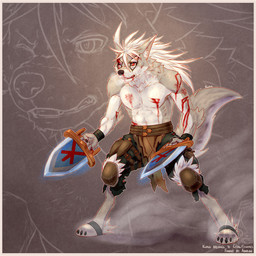 abs anthro bandage blood bodily_fluids bottomwear clothed clothing dagger fur fur_markings grey_body grey_fur hair long_hair male markings melee_weapon muscular muscular_anthro muscular_male navel pants pecs red_eyes solo topless topless_male weapon white_body white_fur white_hair wounded wristband ada_oz cygames world_flipper klaus_(world_flipper) canid canine canis mammal wolf 1:1
