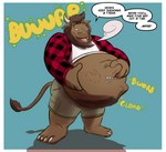 abdominal_bulge after_vore anthro beard belly big_belly brown_body brown_fur burping dialogue facial_hair fur hand_on_belly horn male open_mouth same_size_vore text tongue vore puca-puca bovid bovine cattle mammal english_text