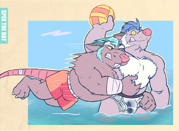 anthro blue_hair bottomwear bulge clothing detailed_bulge duo fur genital_outline genitals glans_outline grey_body grey_fur hair male penis_outline pink_nose shorts swimming_in_underwear swimwear underwear wet wet_clothing wet_underwear spectral-bat brok_the_investigator cowcat_games dart_(brok_the_investigator) squealers_chief mammal murid murine rat rodent 2025 hi_res