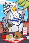 anthro beak big_breasts bikini breasts burger cleavage clothed clothing eye_contact feathers female food fries looking_at_another looking_at_viewer outside palm_tree plant smug solo stealing swimwear tree two-piece_swimsuit white_body white_feathers trout_(artist) avian bird gull lari larid 2:3 hi_res