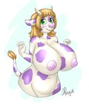 anthro big_breasts blonde_hair breasts female green_eyes hair horn nipples nude pink_nipples pink_nose solo spots text hirurux samantha_(hirurux) bovid bovine cattle mammal 2017 english_text hi_res signature