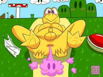 anthro anus balls blush clothing exhibitionism fart fart_cloud fart_fetish feet flag foreskin genitals grass lying male nude on_back penis plant purple_eyes red_shell shell shirt sky solo spread_anus spreading tank_top topwear yellow_body yellow_skin jackfex mario_bros nintendo koopa koopa_troopa scalie hi_res