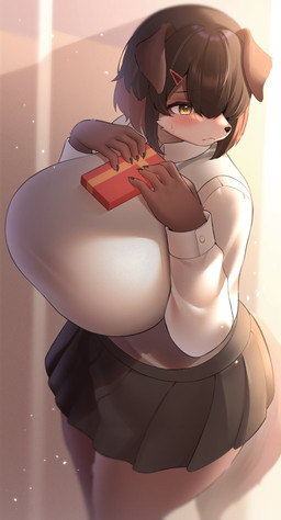 accessory anthro big_breasts blush box breasts brown_body brown_hair container female gift gift_box hair hair_accessory hair_over_eye hairpin holding_gift holding_object huge_breasts kemono light short_hair solo sunlight tail yellow_eyes kemonoyou canid canine canis domestic_dog mammal hi_res portrait three-quarter_portrait